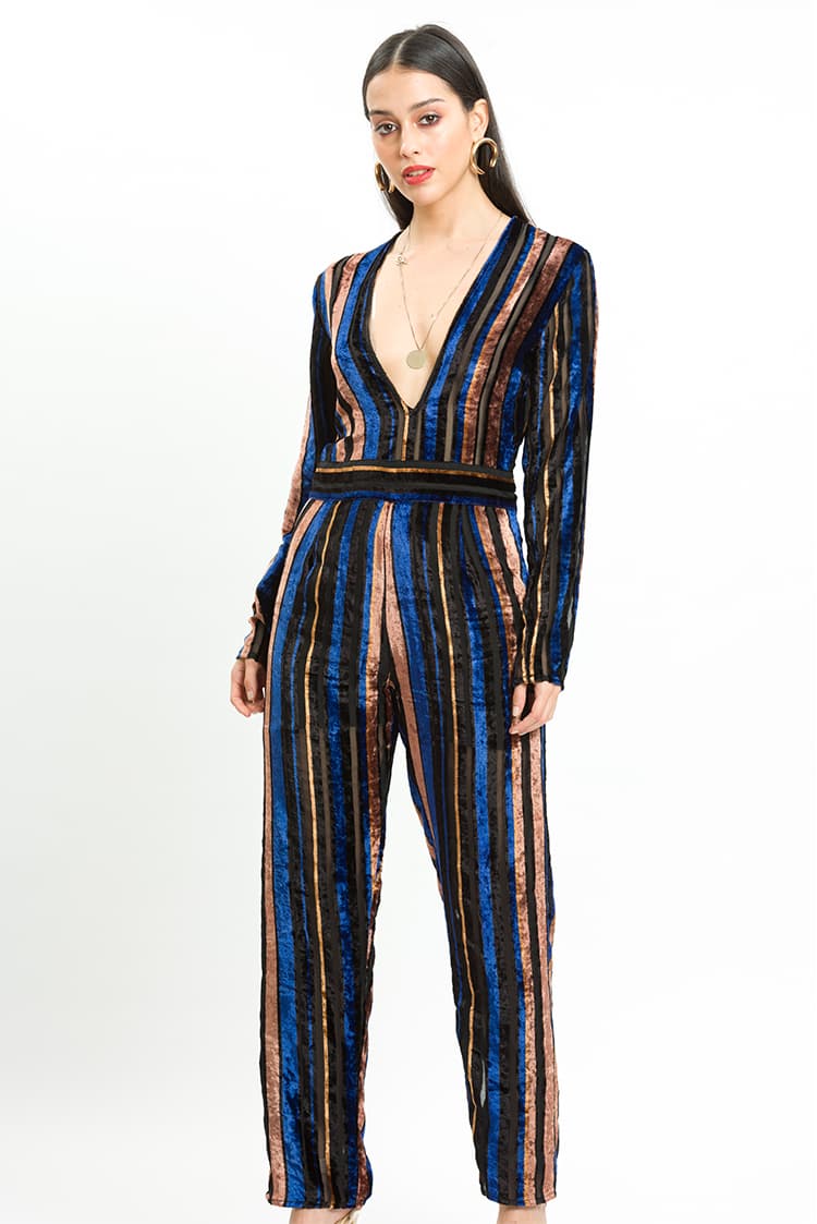 Velvet Stripe Plunge Neck Jumpsuit