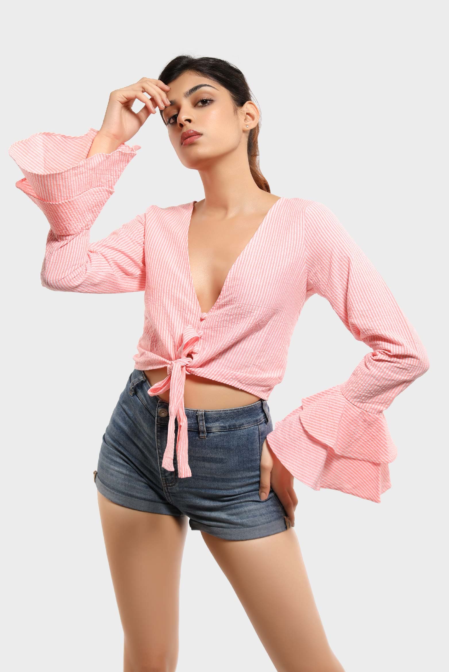 Neon Stripe Frill Tie Blouse