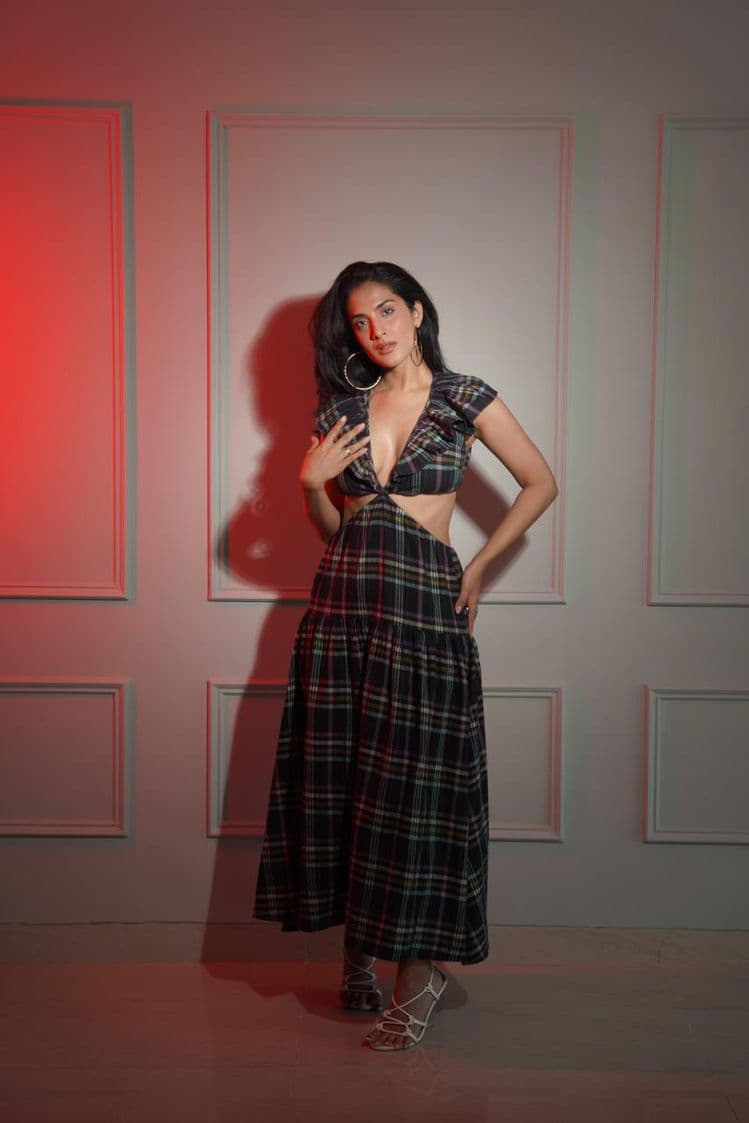 Cut Out Checked Maxi Dress
