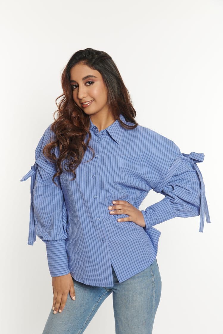 Seersucker Stripe Tie Sleeve Top