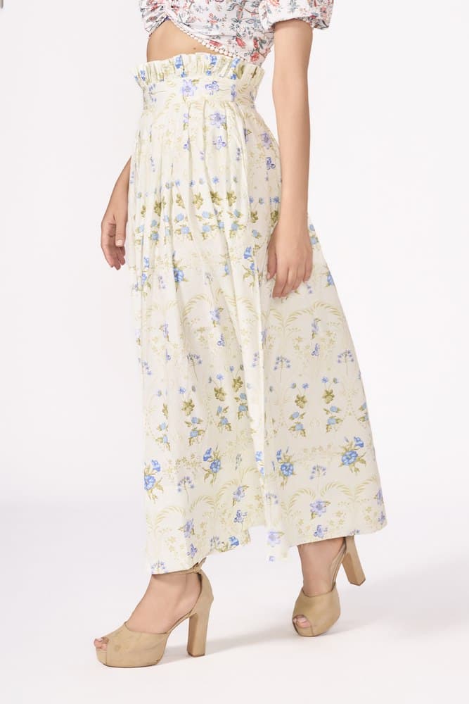 Mint Floral Printed Pleated Maxi Skirt