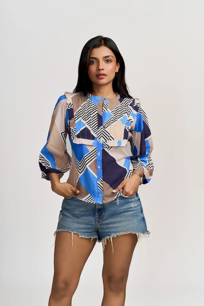 The Pleated Geometric Print Top