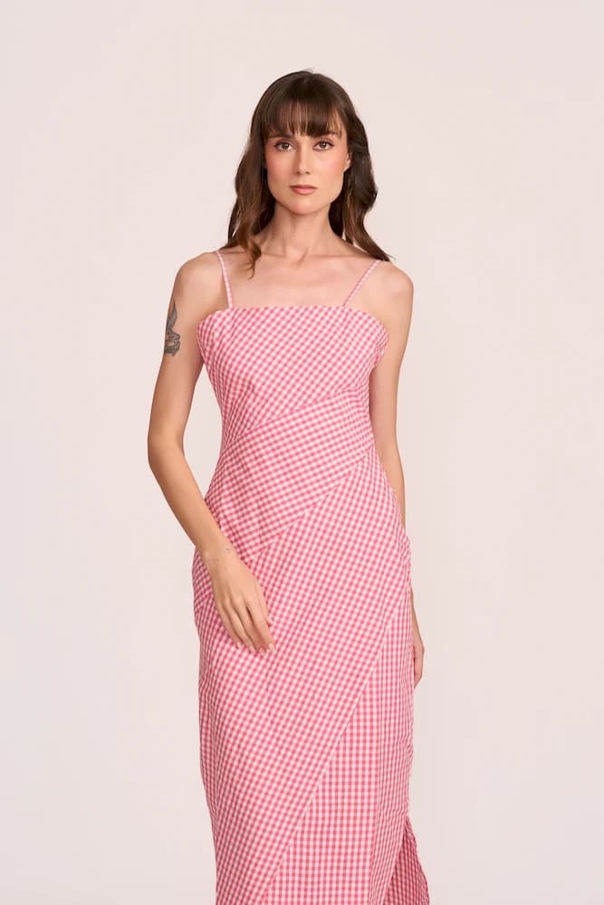 The Pink Check Wraparound Maxi Dress