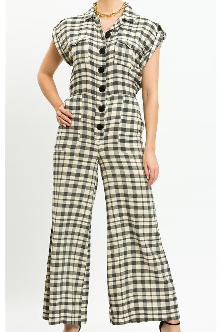 Gingham Check Front Button Jumpsuit