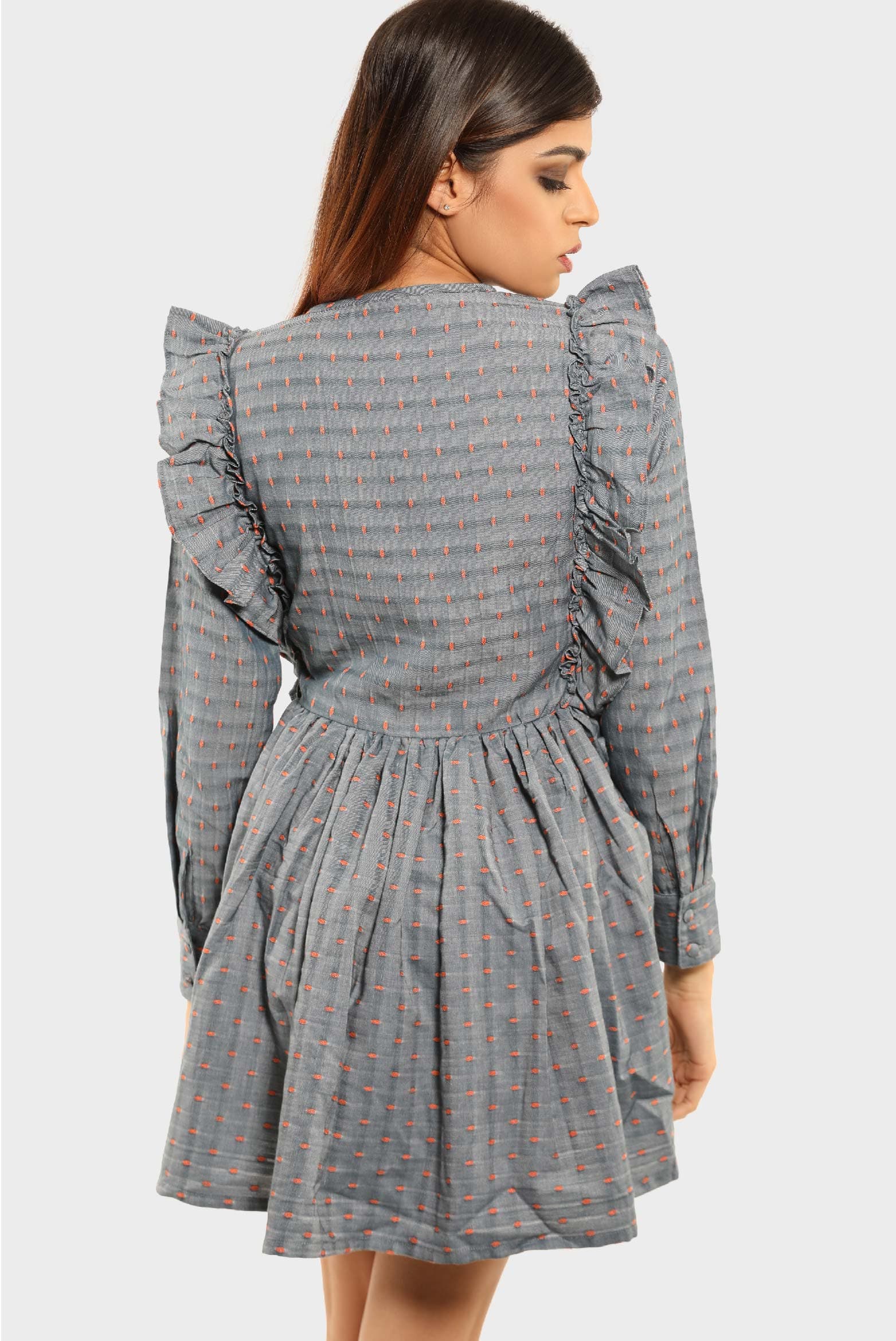 Dobby Frill Sleeve Skater Dress