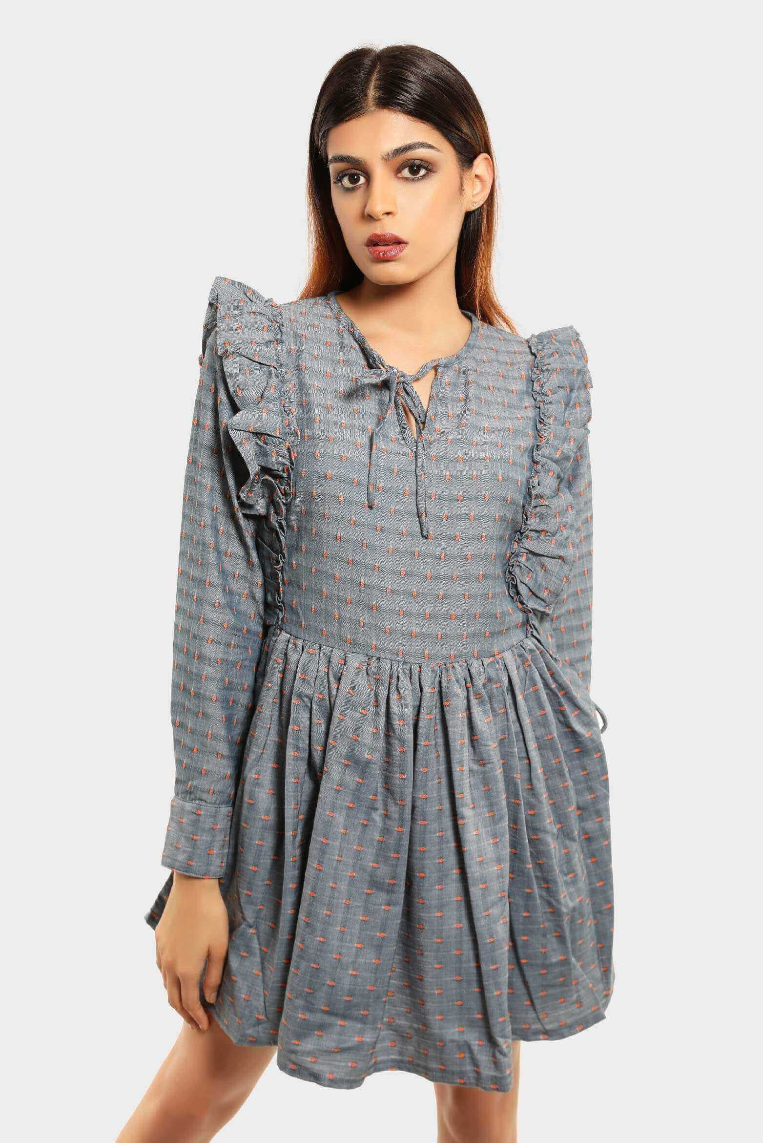 Dobby Frill Sleeve Skater Dress