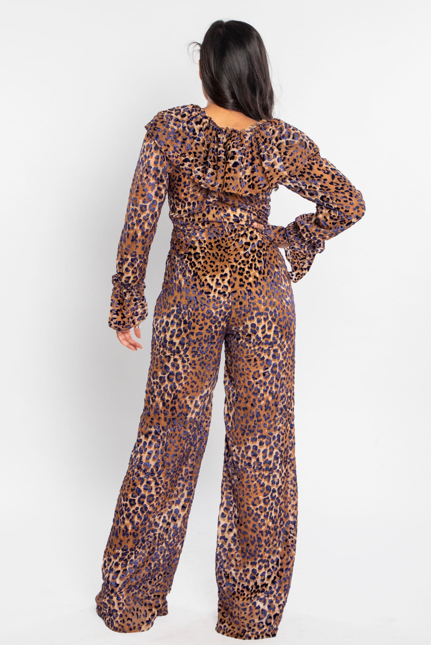 Animal Print Velvet Frill Jumpsuit