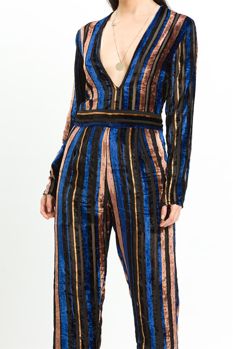 Velvet Stripe Plunge Neck Jumpsuit