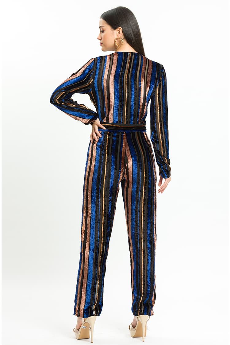 Velvet Stripe Plunge Neck Jumpsuit