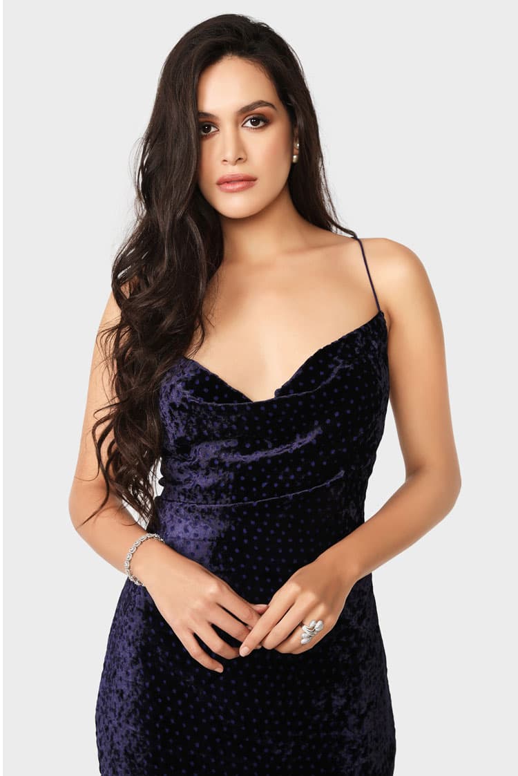 Spot Velvet Cowl Neck Dress