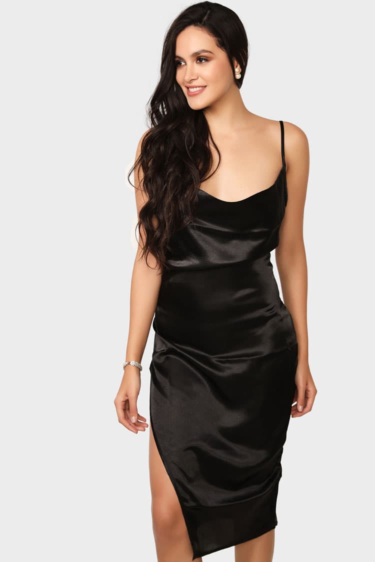 Satin Cowl Neck Slit Dress
