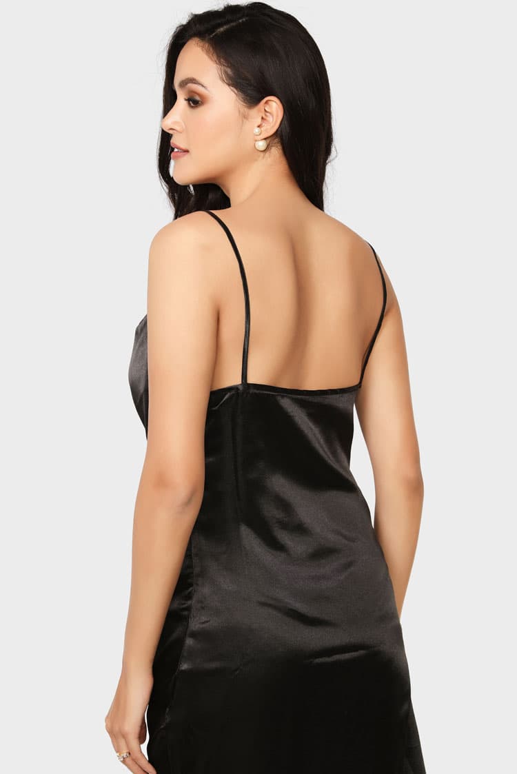 Satin Cowl Neck Slit Dress