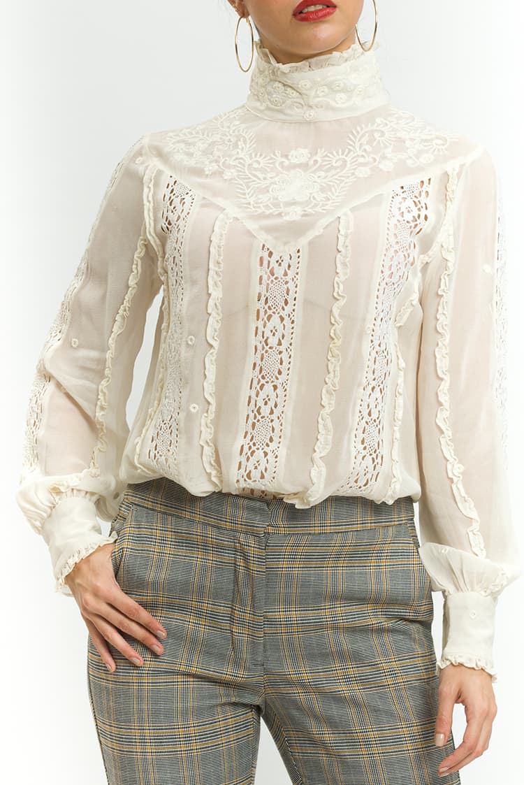 High Neck Embroidery Top With Lace And Neck Detail