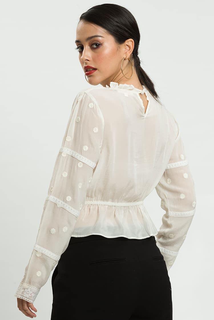 High Neck Pleated Lace And Embroidery Top