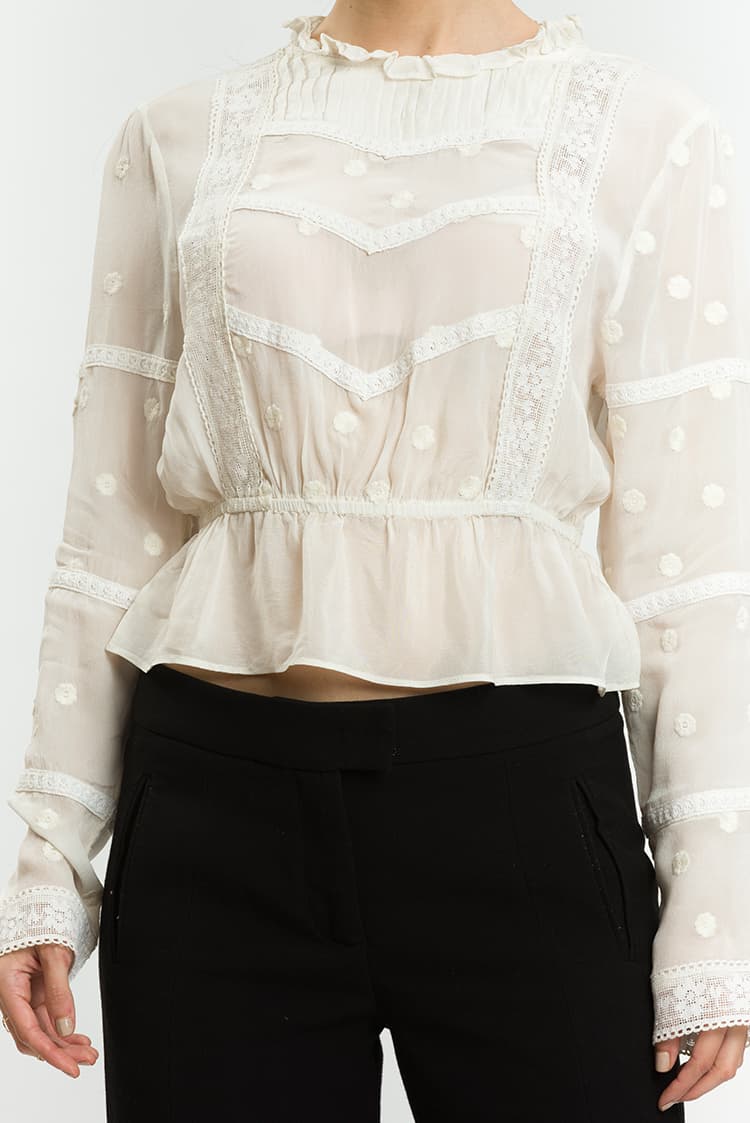 High Neck Pleated Lace And Embroidery Top