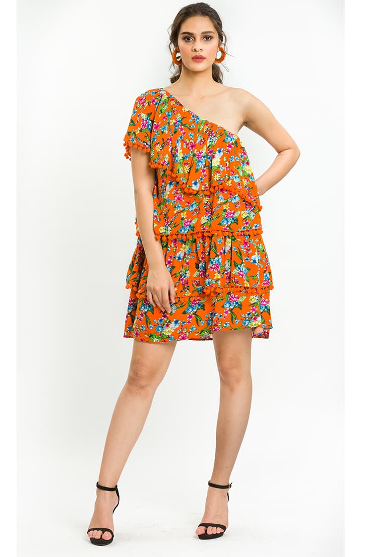 Floral Printed Layered Dress With Pom Pom Detail