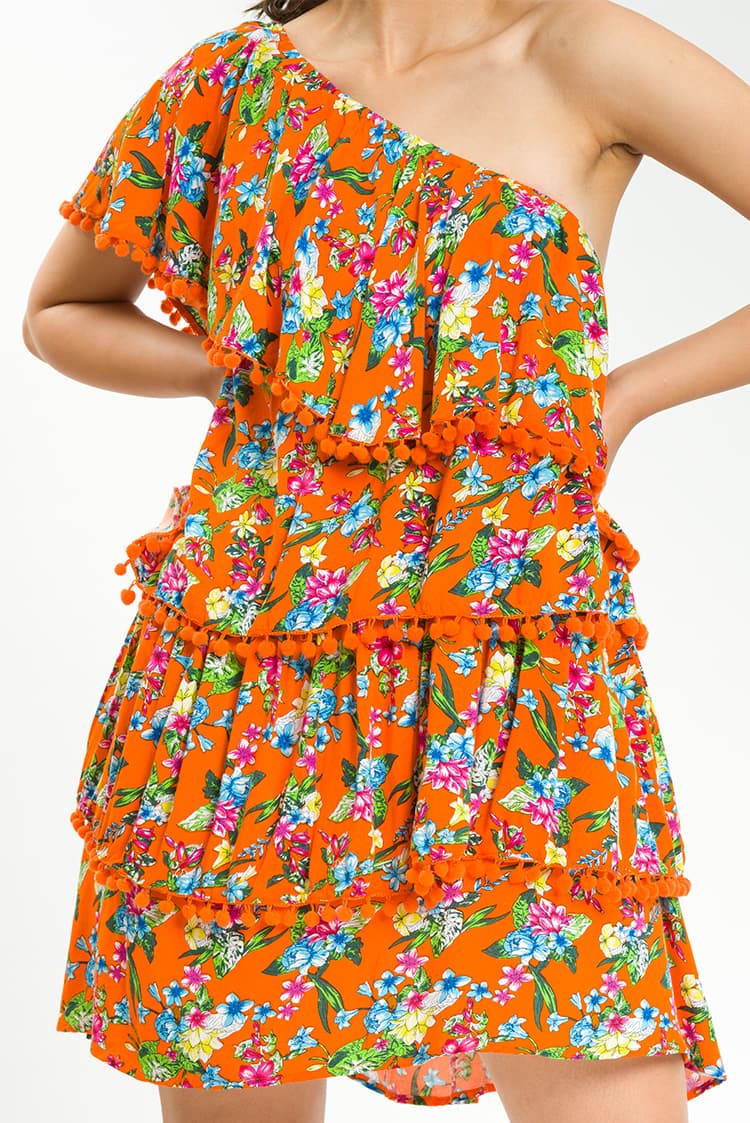 Floral Printed Layered Dress With Pom Pom Detail