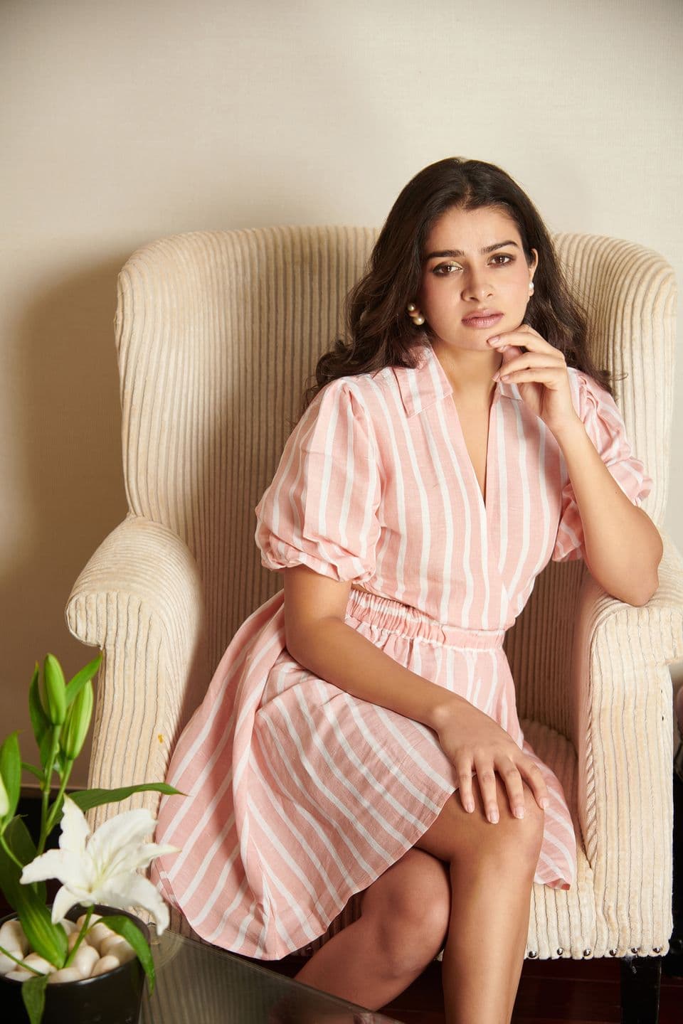 Linen Side Cut Midi Stripe Dress