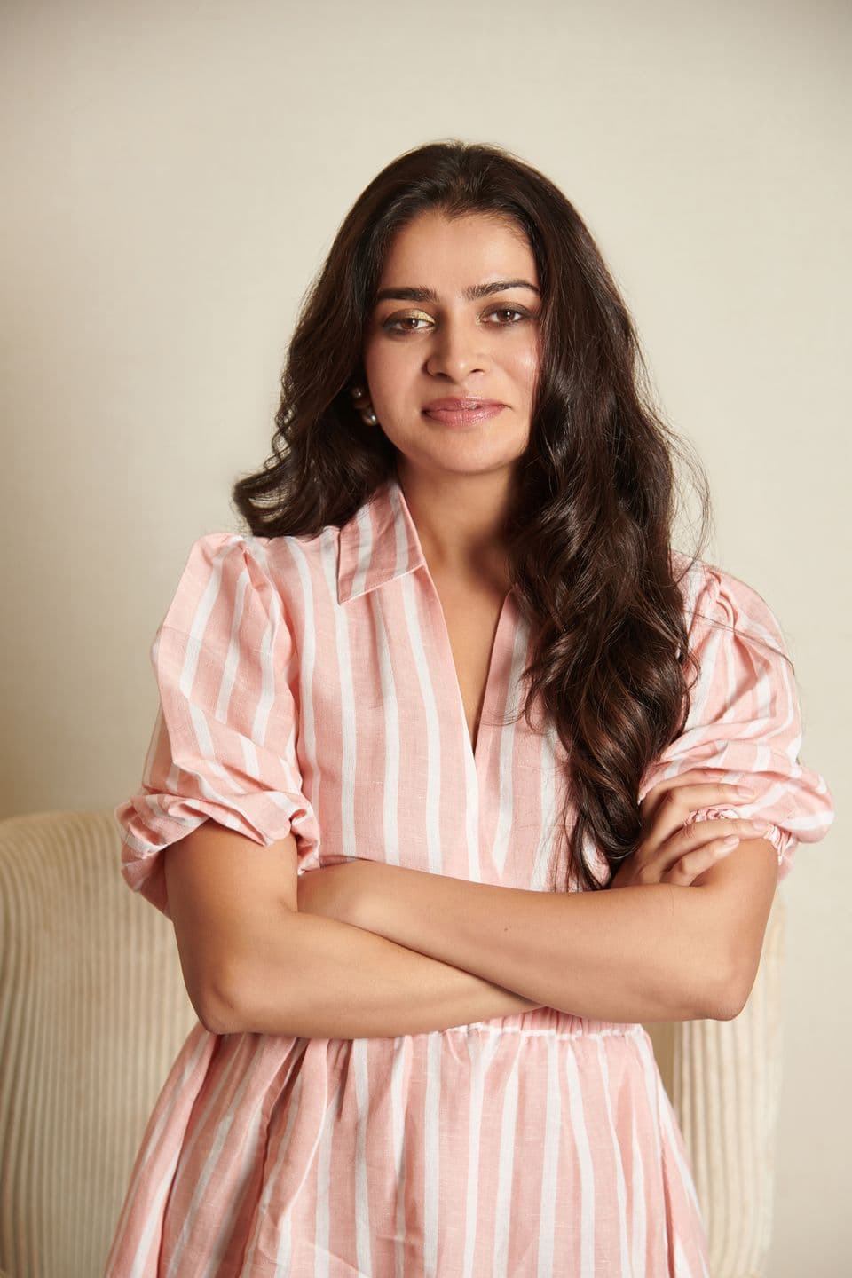 Linen Side Cut Midi Stripe Dress