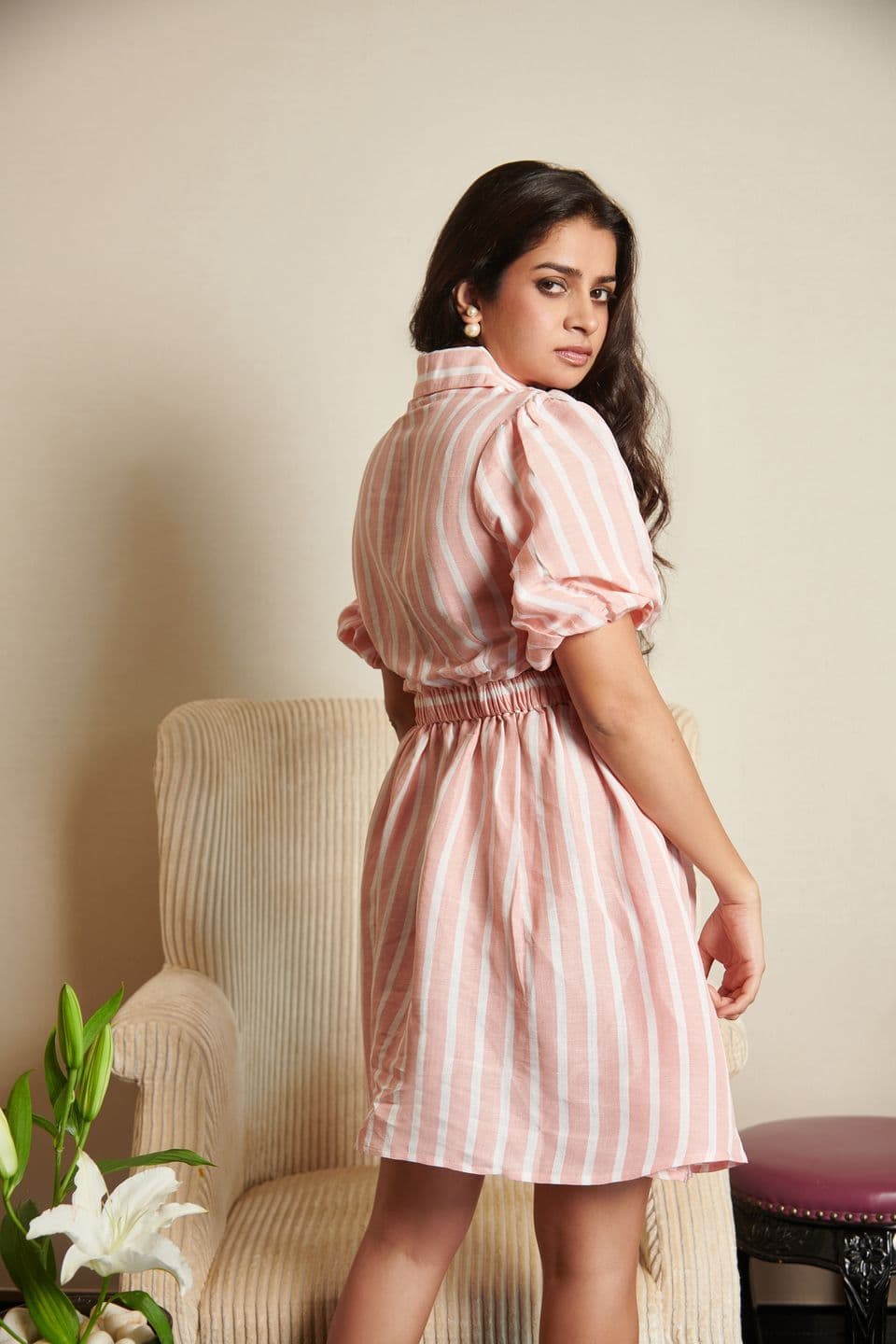 Linen Side Cut Midi Stripe Dress