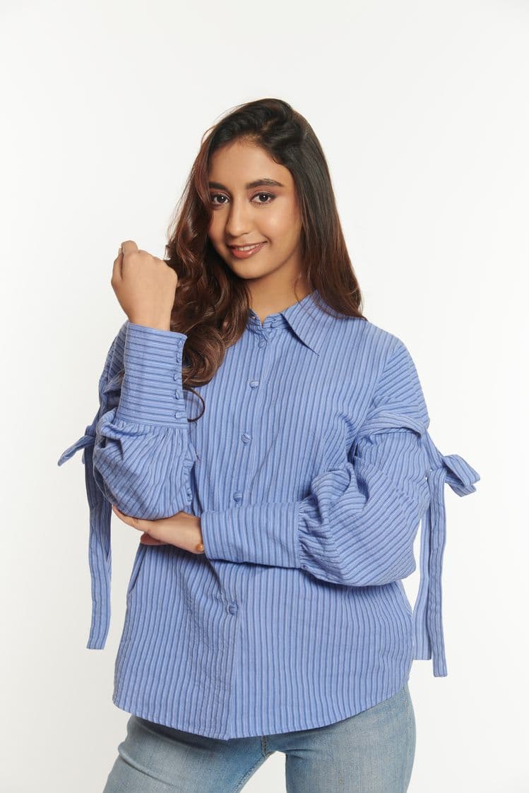 Seersucker Stripe Tie Sleeve Top