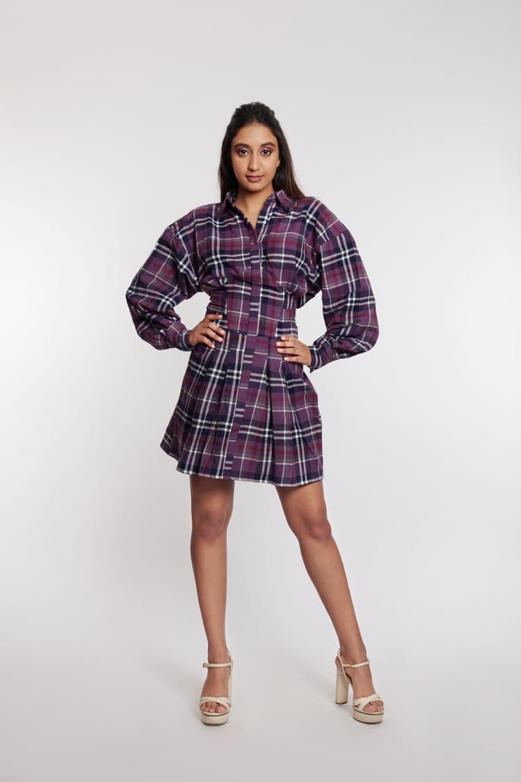 Checked Cinched Waist Mini Dress
