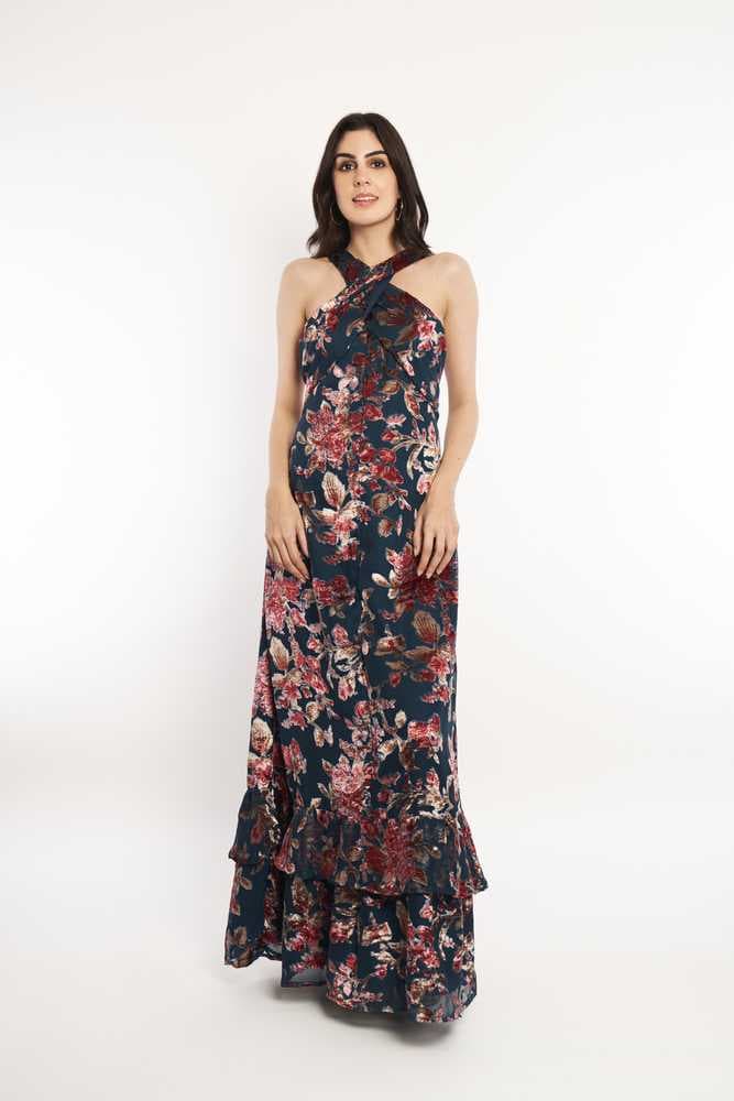 Cross Neck Velvet Maxi Dress