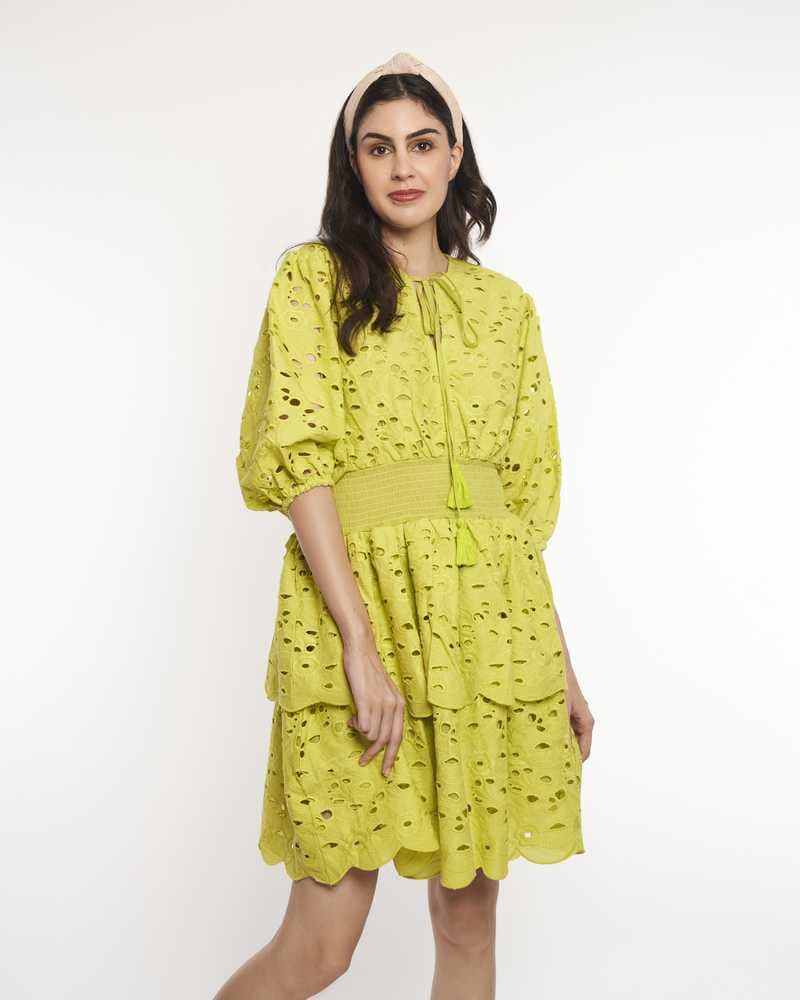Lime Green Tiered Broderie Dress