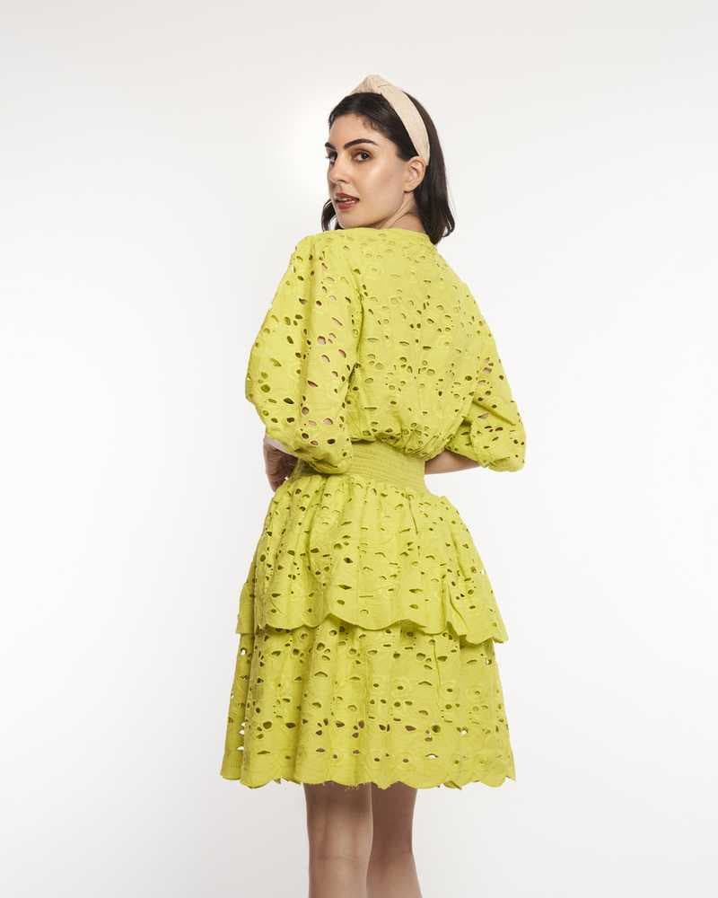 Lime Green Tiered Broderie Dress