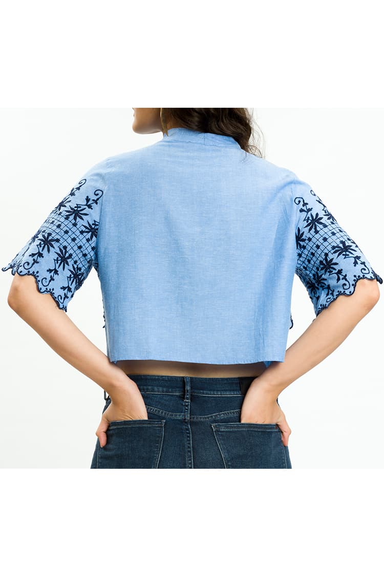 Blue Tassel Top With Embroidery And Tie Detail