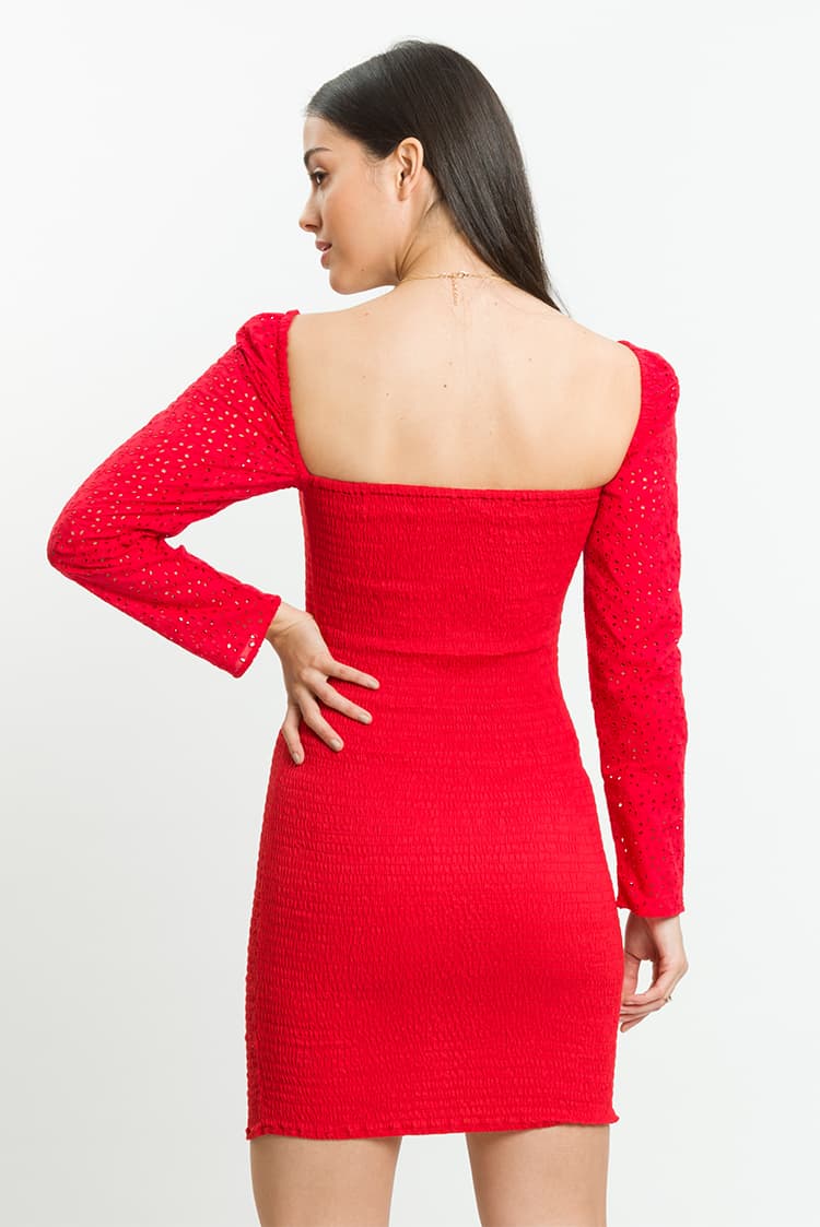 Smocked Bodycon Dress With Broderie Sleeves