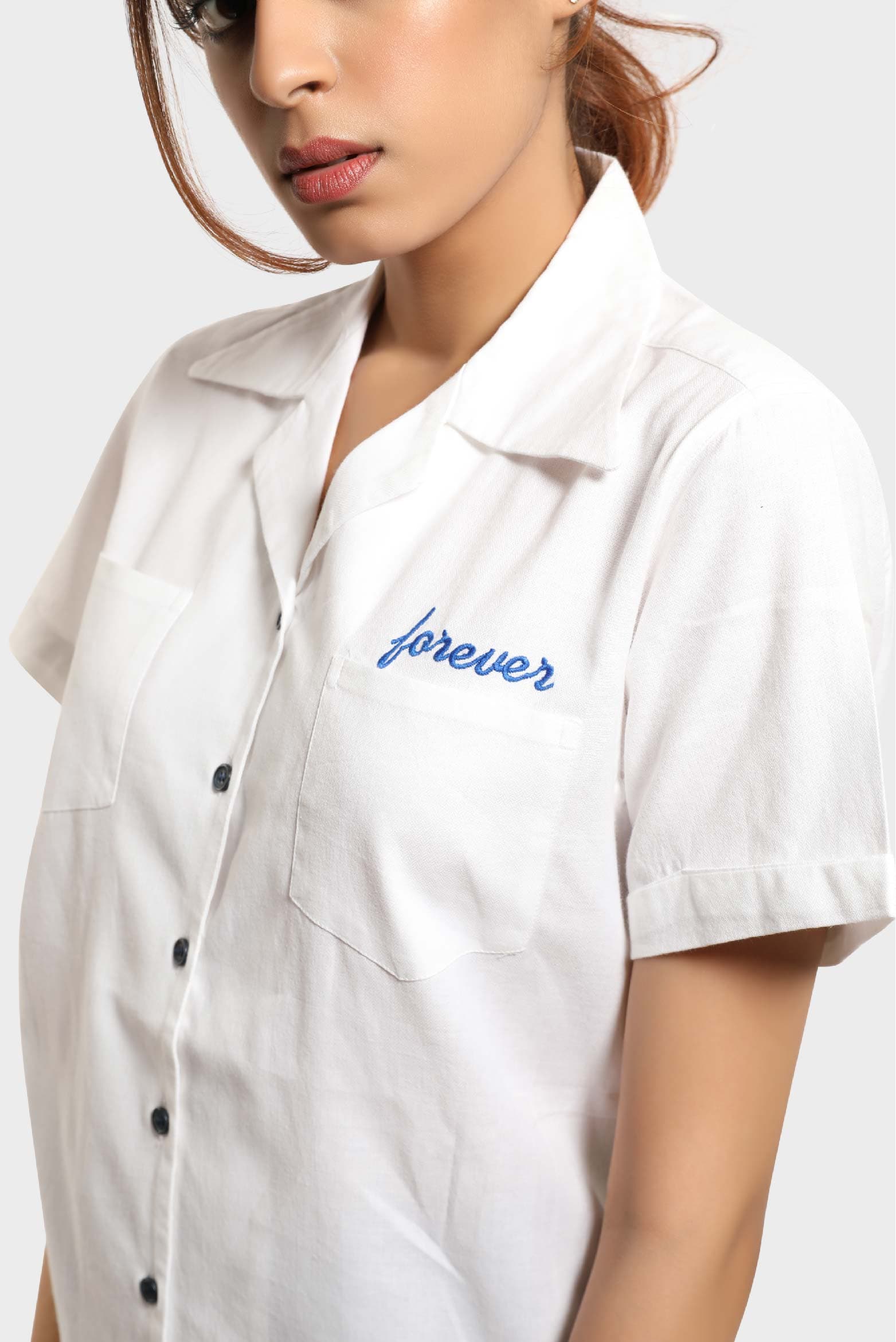 'Forever' Embroidered Crop Shirt