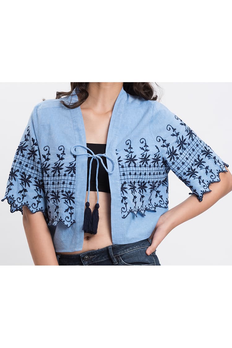 Blue Tassel Top With Embroidery And Tie Detail