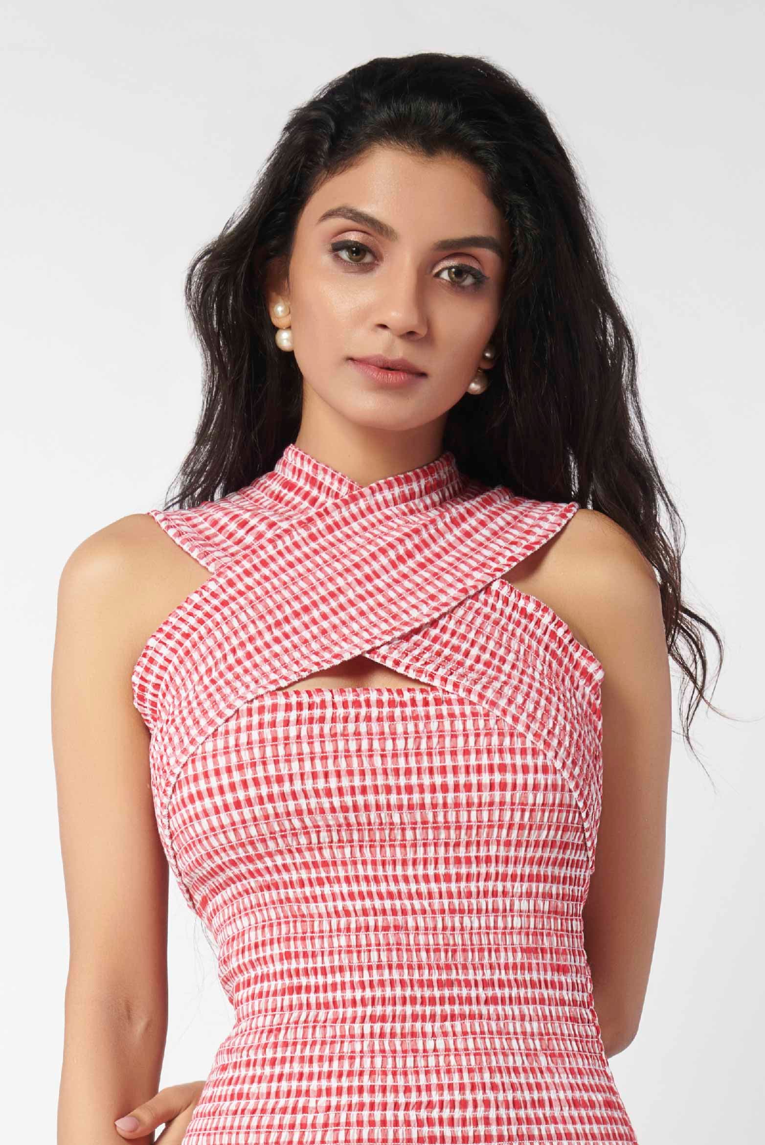 Smocked Gingham Cross Over Dress