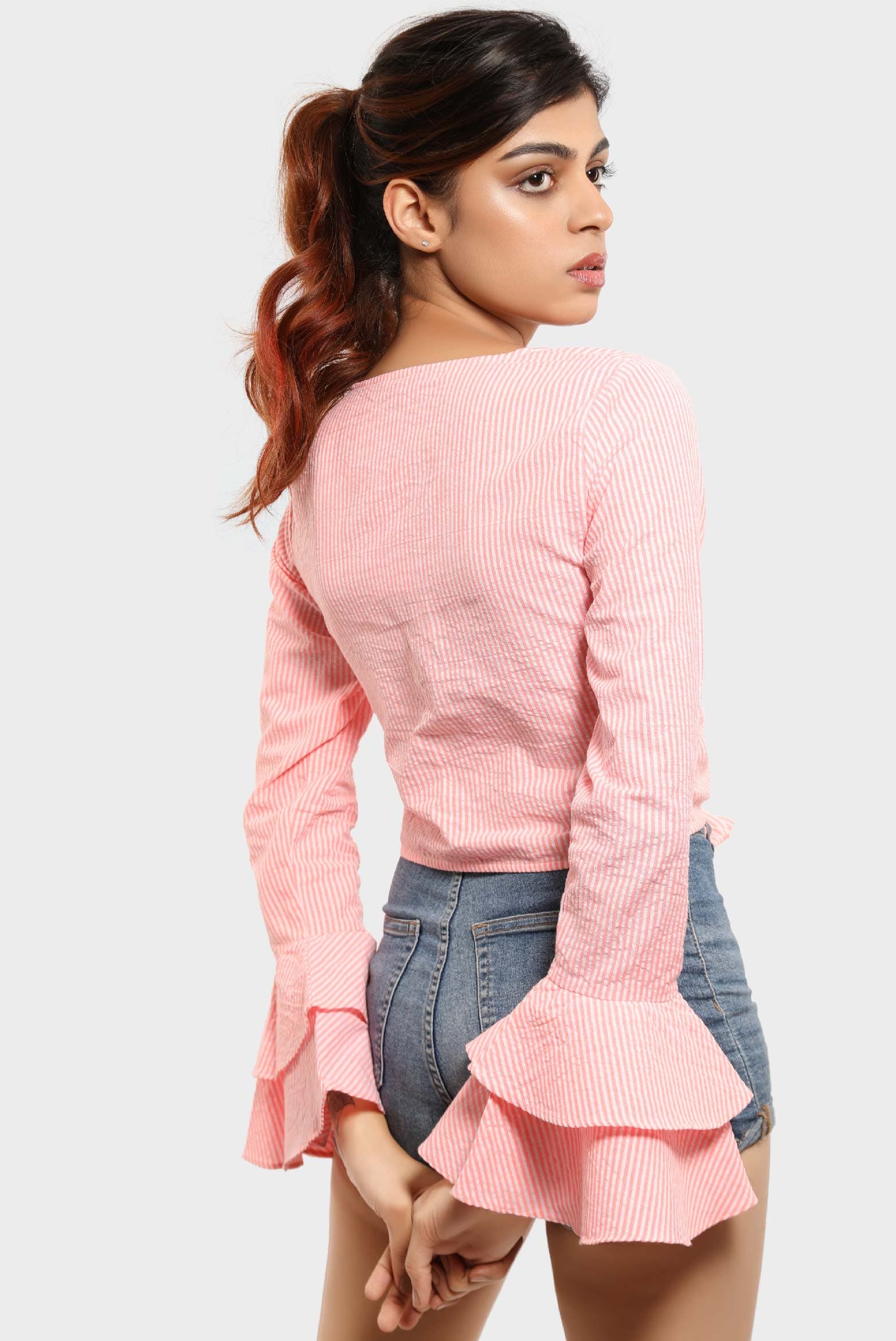 Neon Stripe Frill Tie Blouse