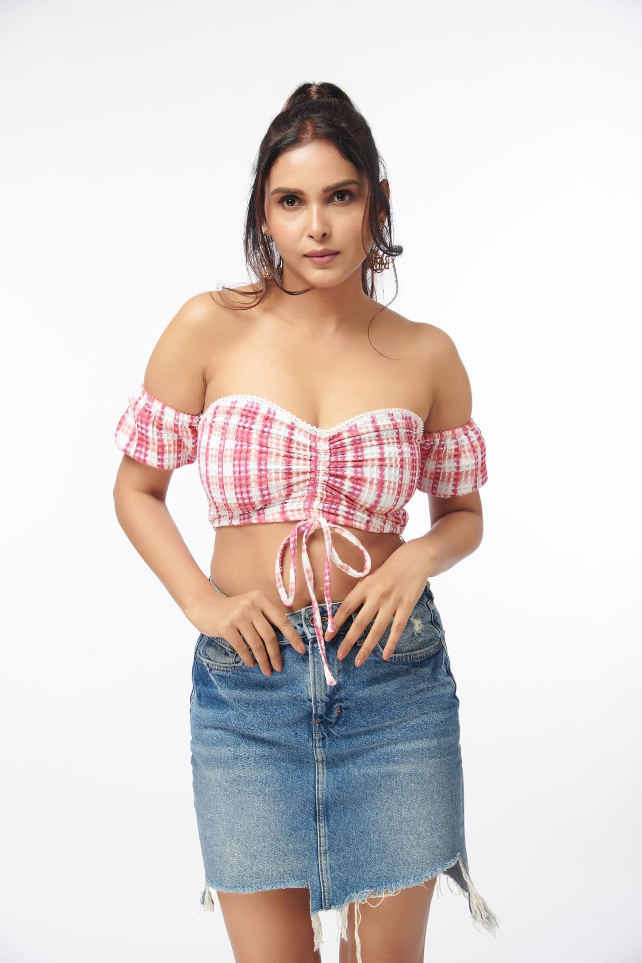 Textured Check Bardot Top