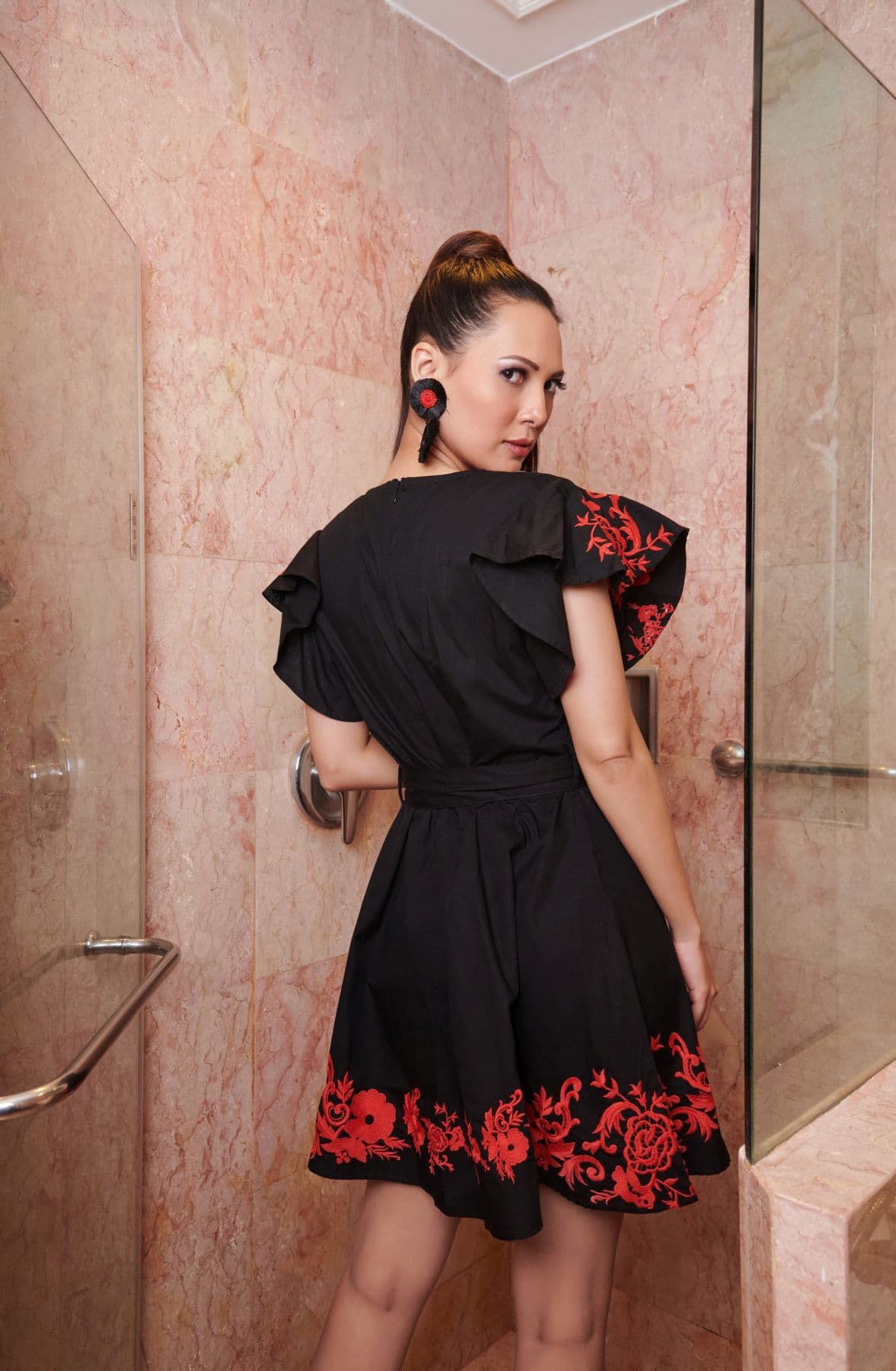 Embroidered Frill Shoulder Tea Dress