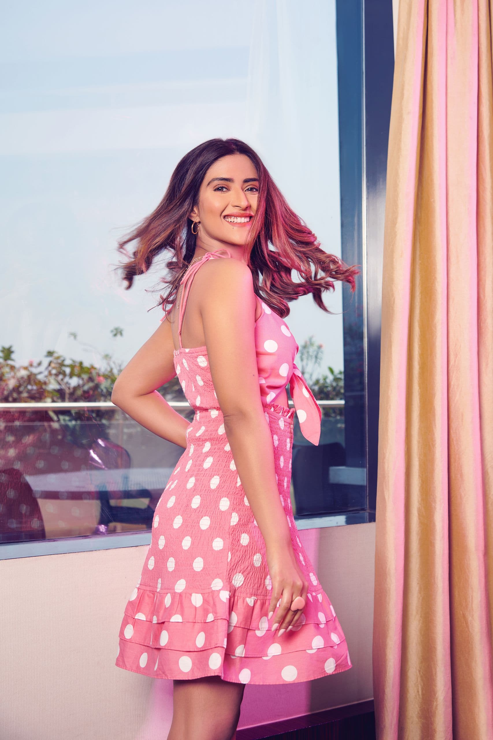 Pink Spot Print Tie Midi Dress