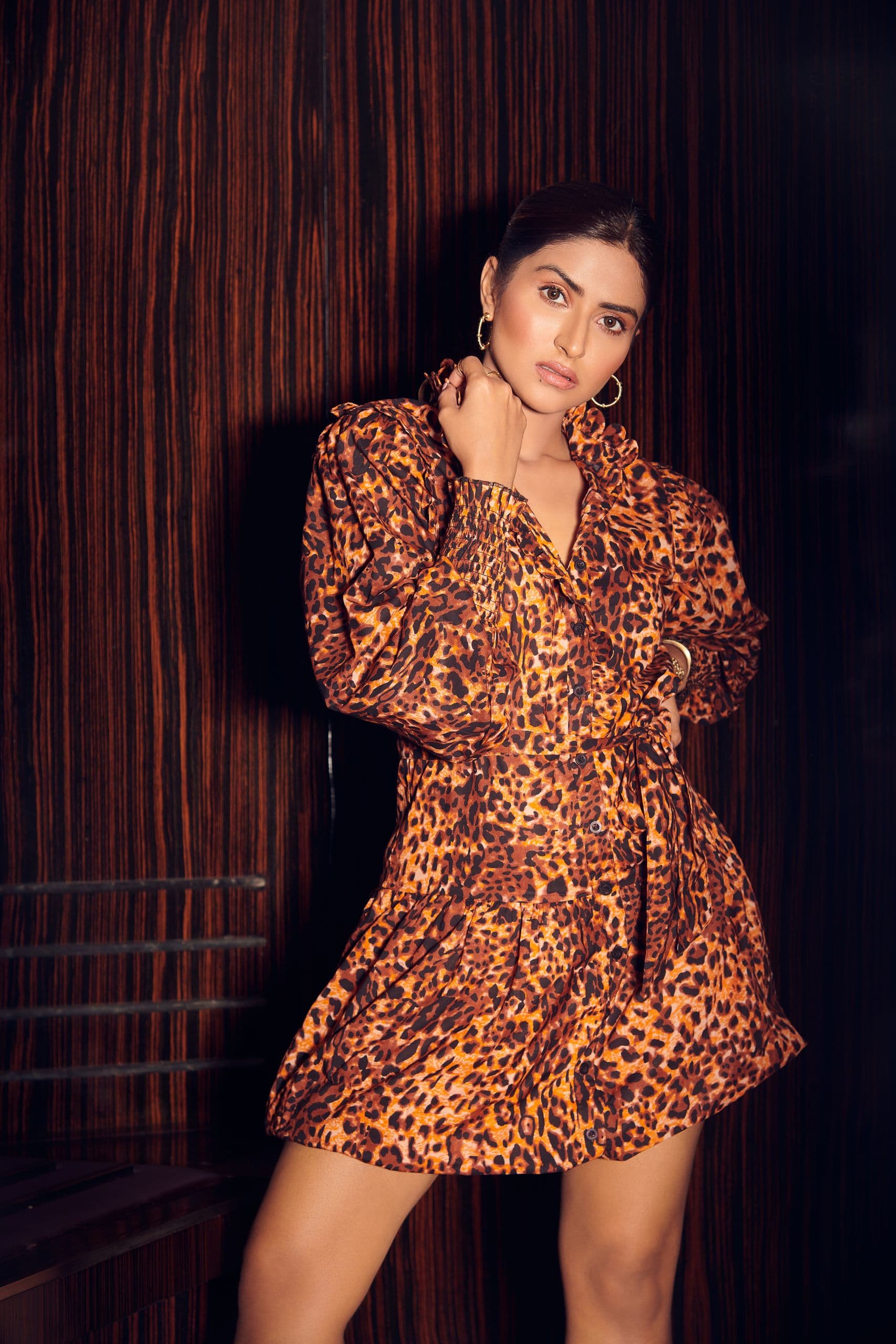 Leopard Printed Buttoned Midi Dress