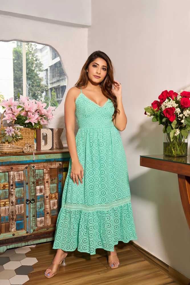 Aqua Tie Back Broderie Maxi Dress