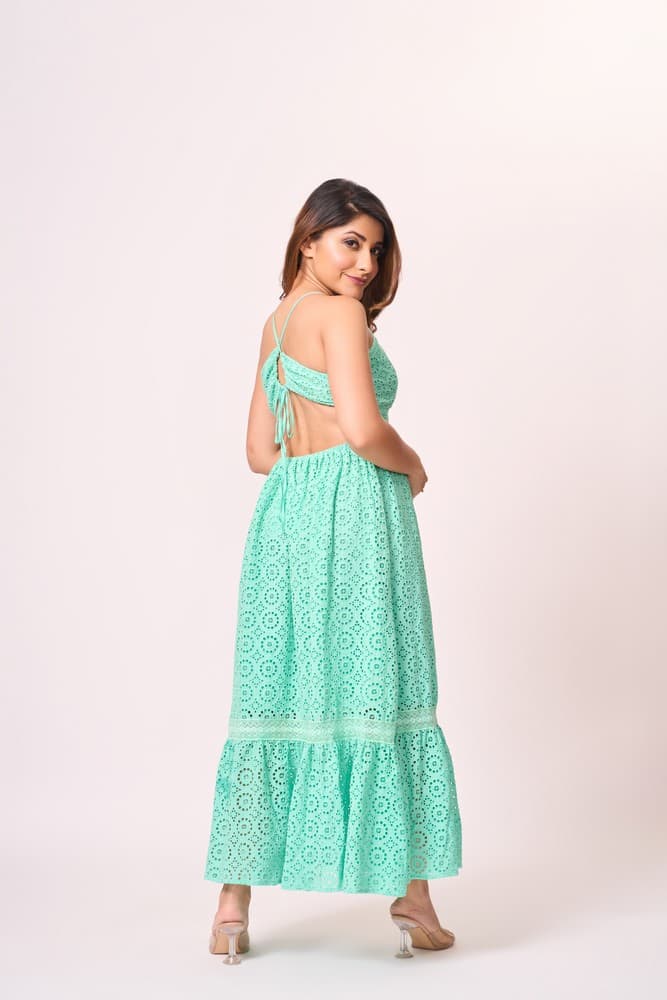 Aqua Tie Back Broderie Maxi Dress