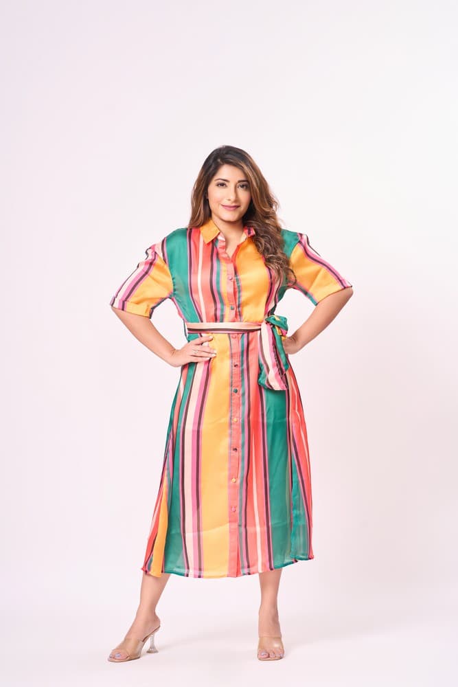 Multicoloured Stripe Printed Midi Dress