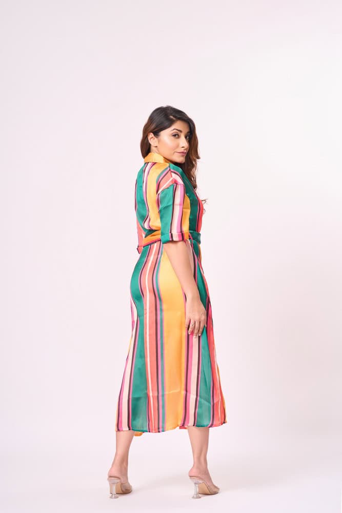 Multicoloured Stripe Printed Midi Dress