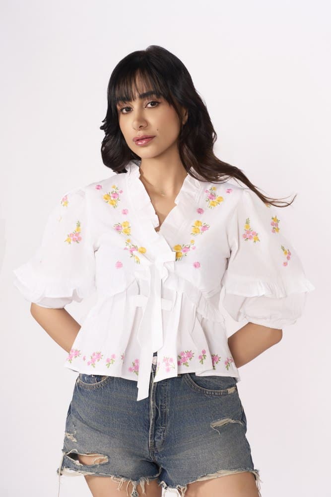 White Frill Blouse with Floral Embroidery