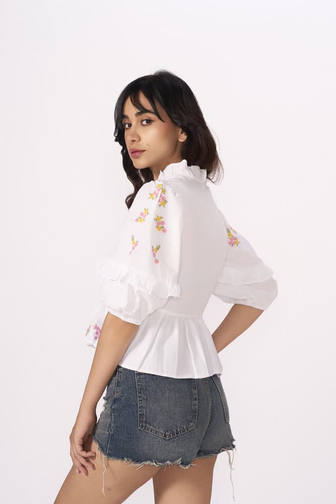 White Frill Blouse with Floral Embroidery