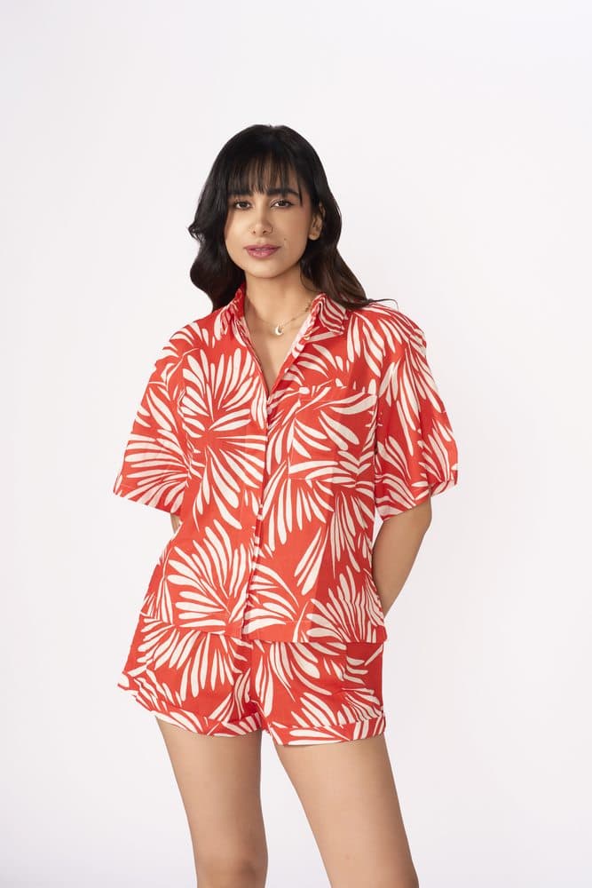 Red Leaf Printed Linen Coord