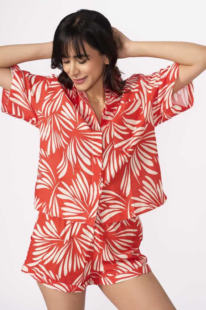 Red Leaf Printed Linen Shirt