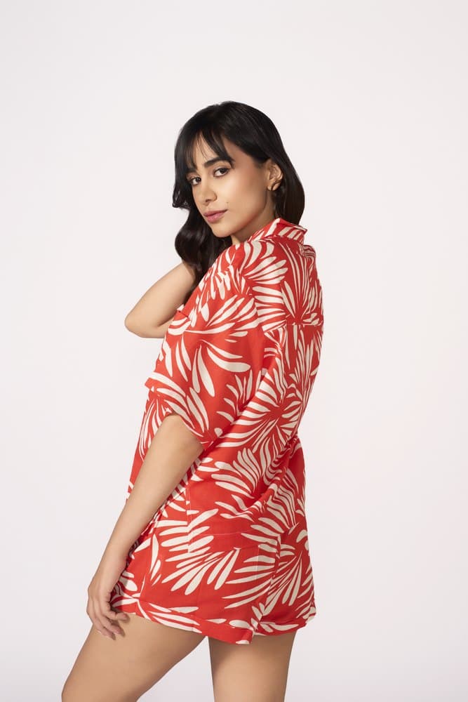 Red Leaf Printed Linen Coord