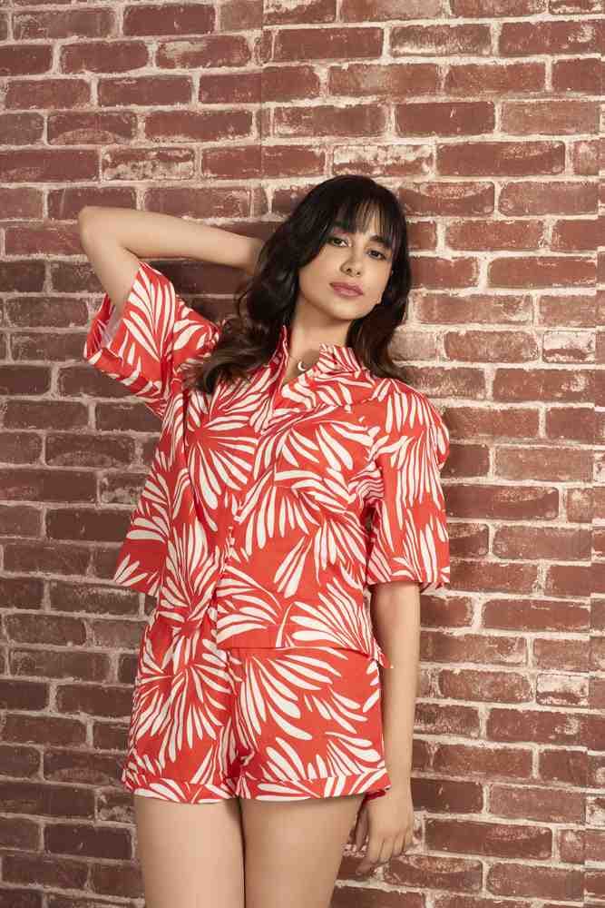 Red Leaf Printed Linen Shirt