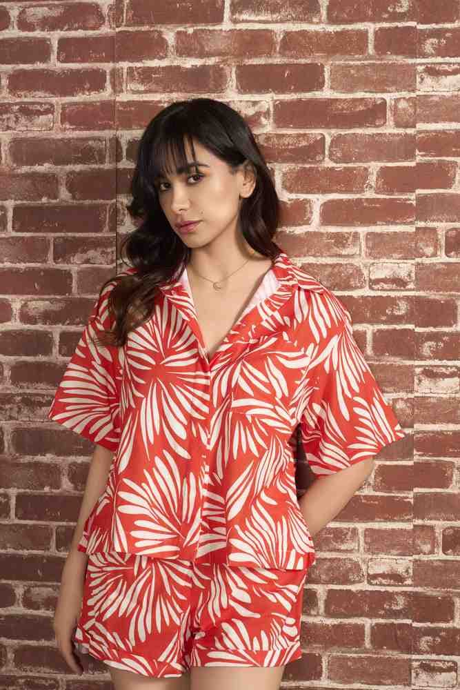 Red Leaf Printed Linen Coord